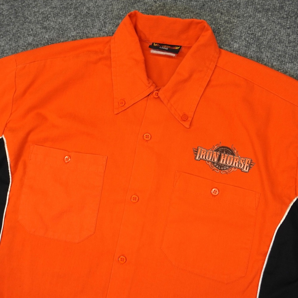 Iron Horse Saloon Biker Wear Shirt Men Large Orange Short Sleeve Button Mechanic - Picture 3 of 9